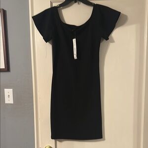 Black Ribbed Sheath Mini Dress with Flutter Cap Sleeves